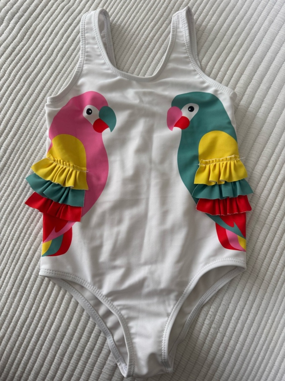 Kids Parrot Print One-Piece Swimsuit - White with Pink & Teal Accents